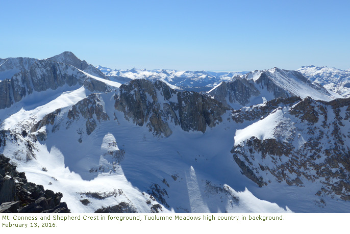 Mt. Conness in the foreground and Tuolumne Meadows area in the background on 2.13.16