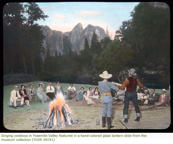 Singing cowboys in Yosemite Valley featured in a hand-colored glass lantern slide from the museum collection (YOSE 49241) Singing cowboys in Yosemite Valley featured in a hand-colored glass lantern slide from the museum collection (YOSE 49241)