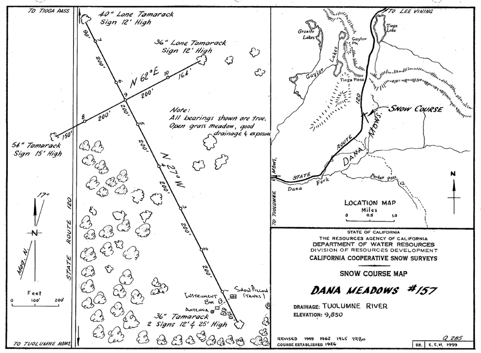 Black and white rudimentary map for Dana Meadow snow survey course. Black and white rudimentary map for Dana Meadow snow survey course.