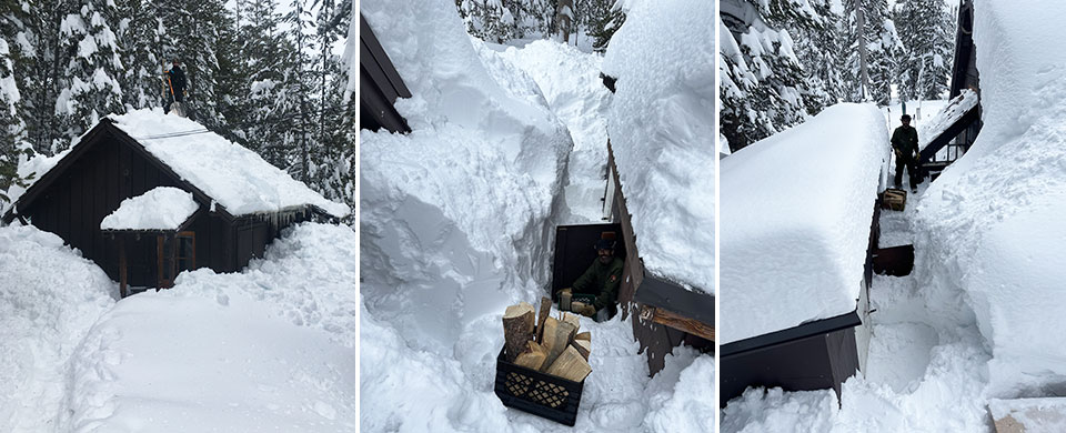 Three images; Left: Building maintenance with ranger on roof; Center: Looking down at the woodshed; Right: Retrieving firewood from woodshed