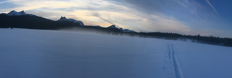 Ground fog at Sunset on December 16, 2020 Ground fog at Sunset with ski tracks on December 16, 2020