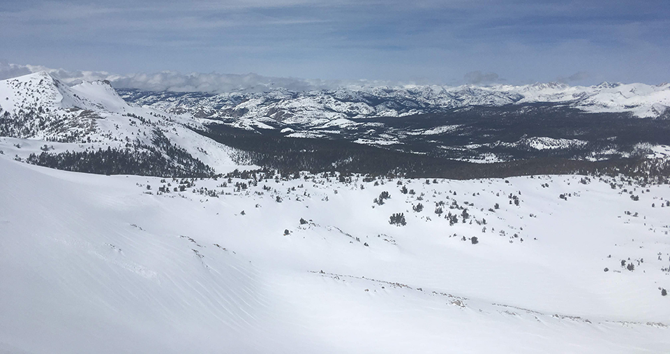 View of Tuolumne Meadows from upper Unicorn Creek on April 4, 2019.