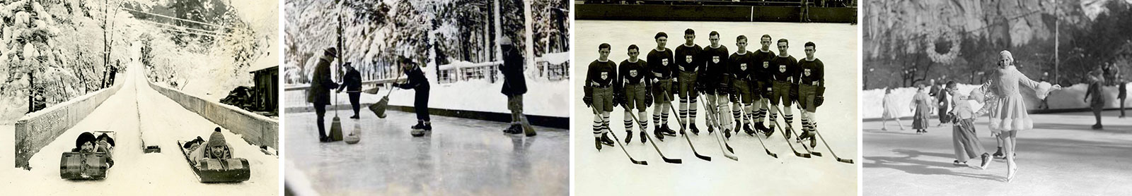 Four historic images, left to right: Two people at the end of a toboggan run, people curling in Yosemite Valley, the Yosemite Winter Club hockey team, and a young woman ice skating in fancy costume. 