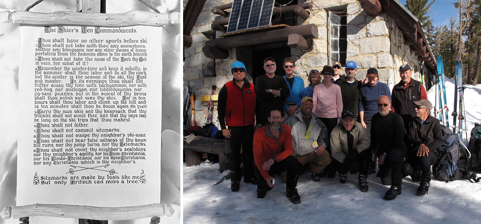 Left image: Historic photo of the Skier's Ten Commandments; Right image: Modern day photo of the Winter Club at the Ostrander Ski Hut.
