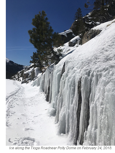 Ice along the Tioga Road near Polly Dome on February 24, 2018