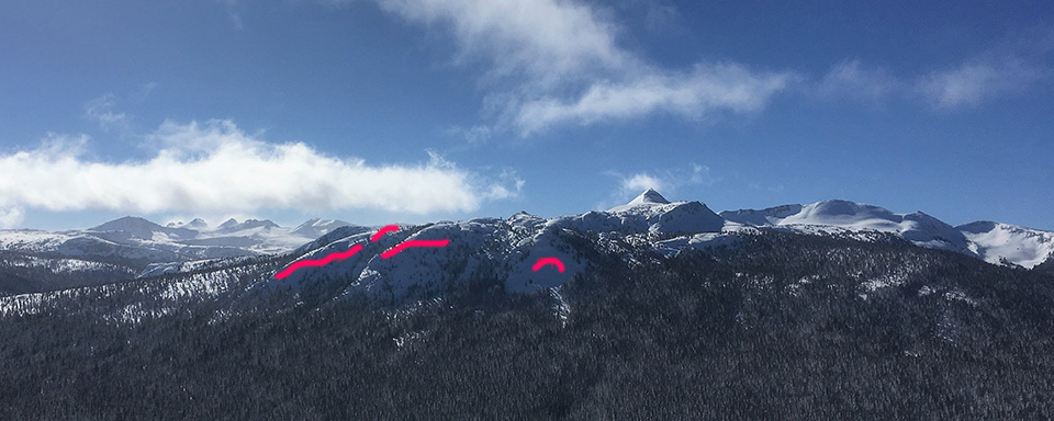 Avalanches (show with red lines) on Johnson Peak on February 6, 2019 Avalanches (show with red lines) on Johnson Peak on February 6, 2019