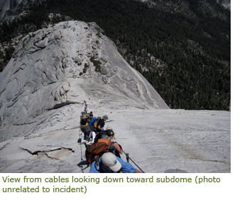 Looking down Half Dome cables toward the subdome Looking down Half Dome cables toward the subdome