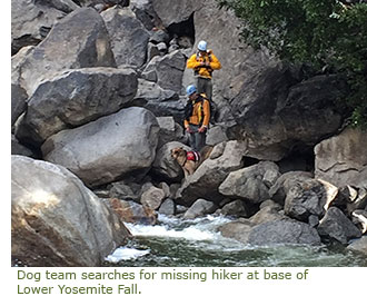 Dog team searches for missing hiker amidst boulders and water