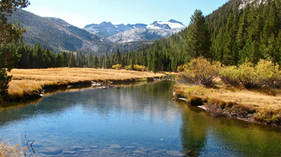 The Lyell Fork Tuolumne River with Mount Lyell and the Lyell Glacier in the background. Melt from the Lyell Glacier keeps the river flowing year round.