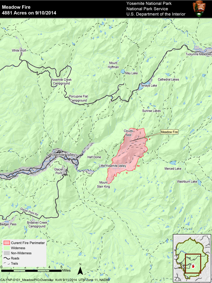 Meadow showing fire extent southeast of Half Dome