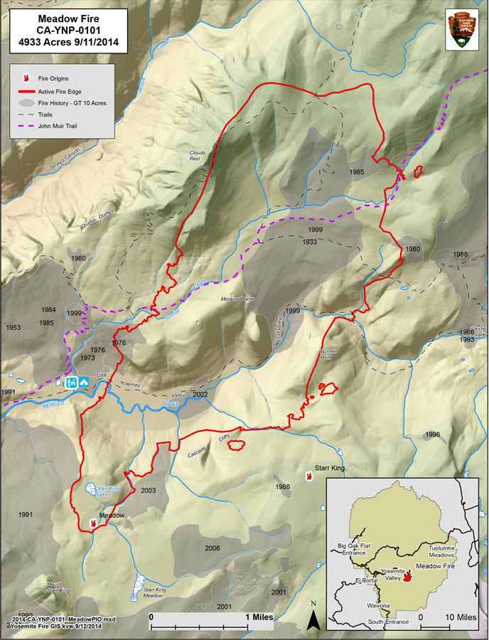 Map showing fire extent southeast of Half Dome