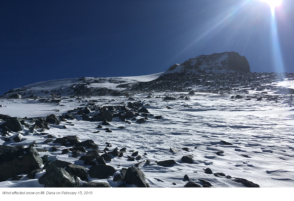 Snow that's been wind effected on Mt. Dana on February 15, 2018