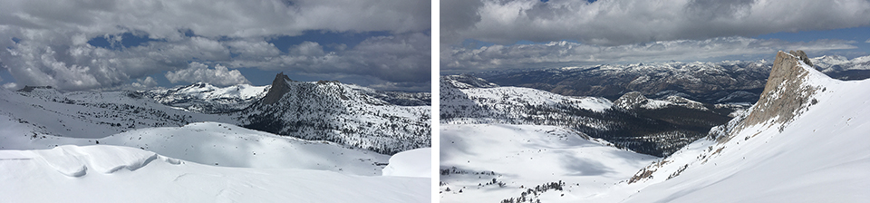 Left image shows Cathedral Peak and Mt. Hoffmann from a distance covered in some snow. Right image shows Unicorn Peak and Budd Creek also covered in some snow. Left image shows Cathedral Peak and Mt. Hoffmann from a distance covered in some snow. Right image shows Unicorn Peak and Budd Creek also covered in some snow.