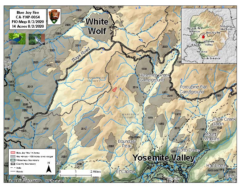 Map showing Blue Jay Fire west of Yosemite Creek between Yosemite Falls and Tioga Road