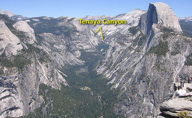 Tenaya Canyon is located east of Yosemite Valley and Half Dome