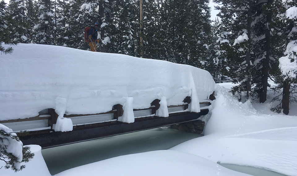 Skier on bridge over the Dana Fork of the Tuolumne River on February 8, 2019.