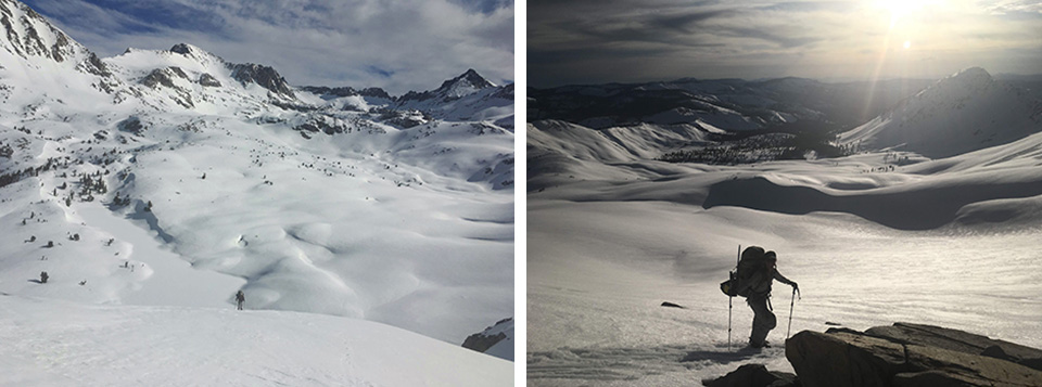 Ski touring in the Lyell Fork of the Merced River basin on April 19, 2019. Happy skiers spring skiing! Ski touring in the Lyell Fork of the Merced River basin on April 19, 2019. Happy skiers spring skiing!