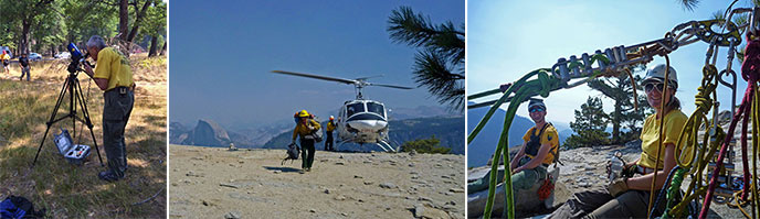 Three images. On left, Ranger John Dill communicates with subjects using a spotting scope and megaphone; in center, rescuer being delivered by helicopter; on right, rescuers sitting by their rigging