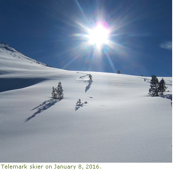 Telemark skier making turns on January 8, 2016 Telemark skier making turns on January 8, 2016