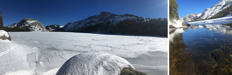 Enroute to Fletcher Lake snow survey on January 28, 2022 Left image: Frozen, snow covered Tenaya Lake on January 25, 2022; Right image: Melted Tenaya Lake outlet on January 24, 2022.
