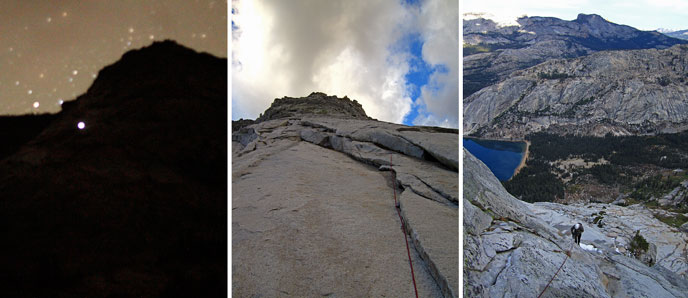 Three photos: left, a nighttime photo of a cliff with a light shining partway up; middle, looking up a very steep cliff with a climbing rope hanging down; right, looking down from a peak toward a lake and other peaks