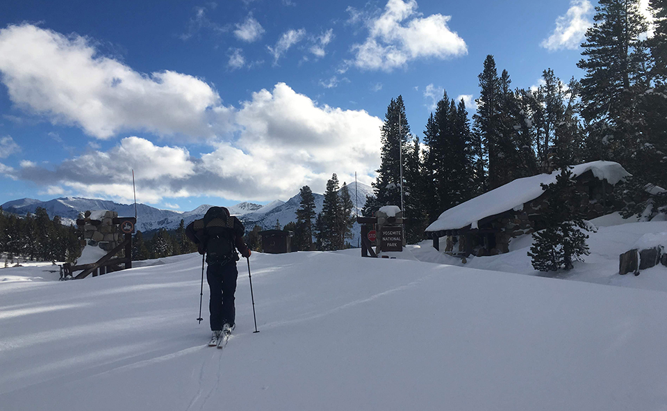 Skier approaching Tioga Pass from the east on December 14, 2019.