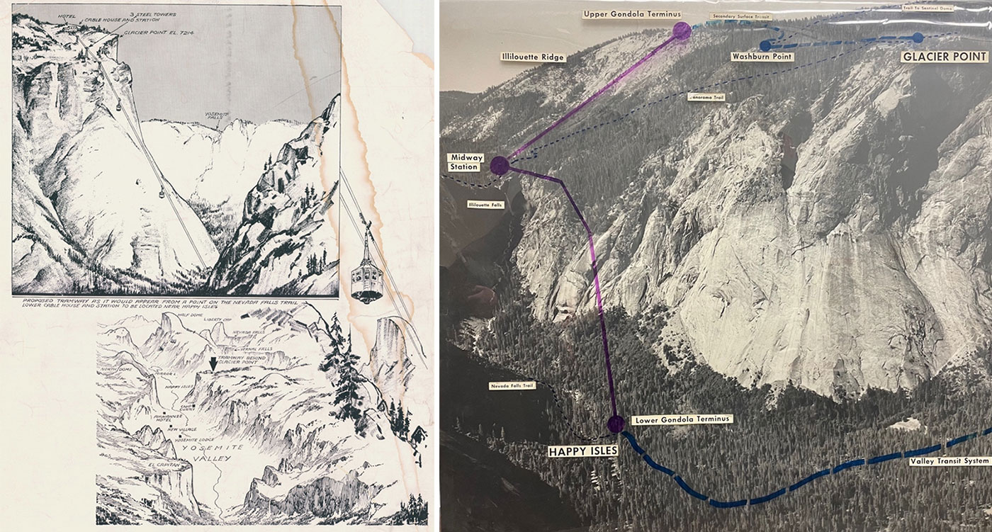 Left image: Historic drawings for the idea of an aerial tram in Yosemite. Right: Photo showing points within Yosemite that tram would interface with. Left image: Historic drawings for the idea of an aerial tram in Yosemite. Right: Photo showing points within Yosemite that tram would interface with.