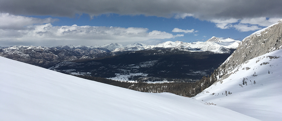 Tuolumne Meadows in the distance as seen from Budd Creek on April 19, 2020.