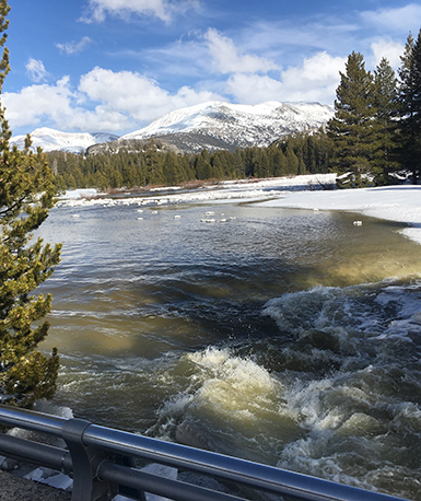 Tuolumne River draining from Tuolumne Meadows after flooding on April 7, 2018; a lot of water. Tuolumne River draining from Tuolumne Meadows after flooding on April 7, 2018; a lot of water.
