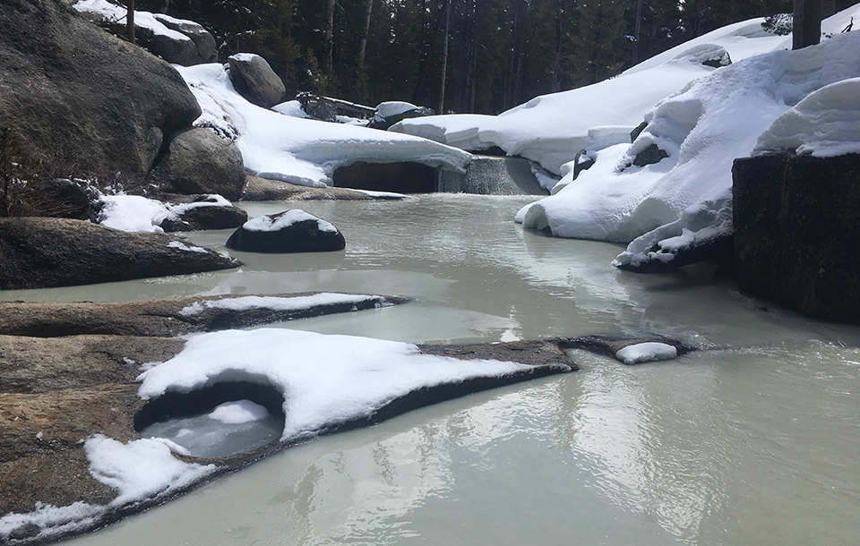 A greenish murky Tuolumne River flowing on April 19, 2020. A greenish murky Tuolumne River flowing on April 19, 2020.