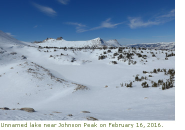 Unnamed lake near Johnson peak on February 16, 2016. Unnamed lake near Johnson peak on February 16, 2016.