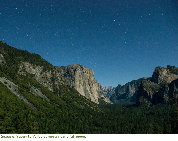 View of Yosemite Valley during a nearly full moon