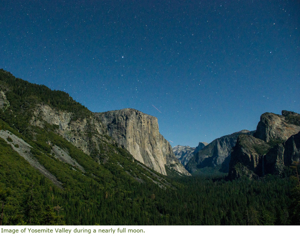 View of Yosemite Valley during a nearly full moon View of Yosemite Valley during a nearly full moon