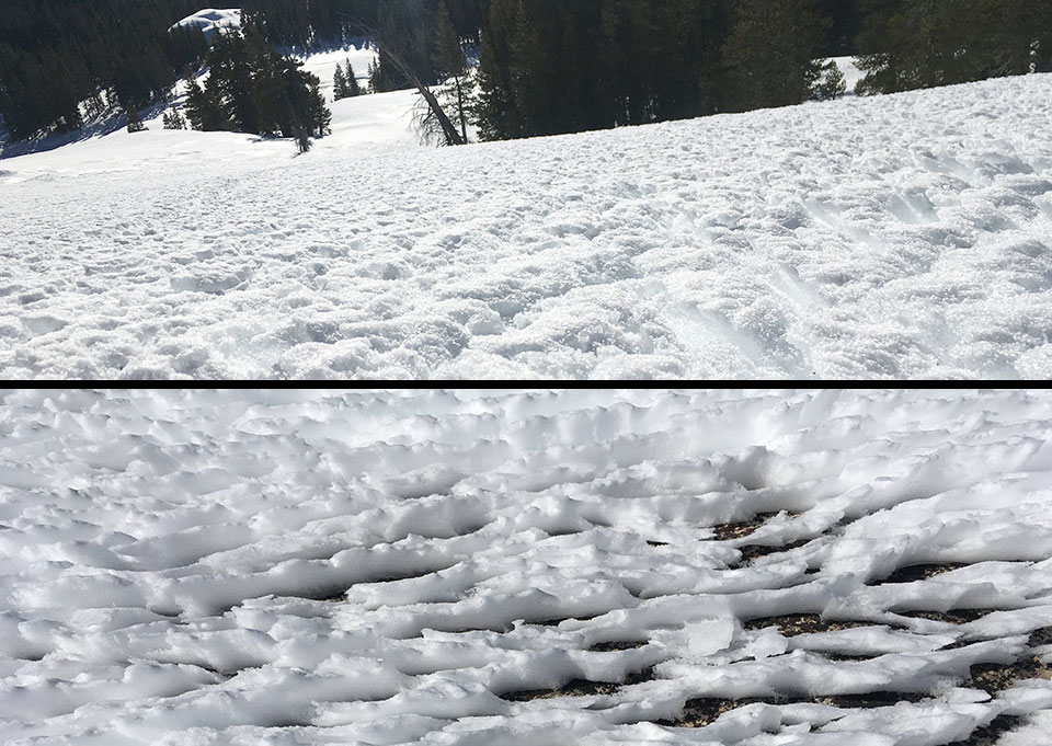 Two photos showing wind affected snow on SW slopes of Telemark Dome, looks like small ridges up close.