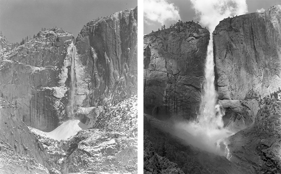 Yosemite Falls spring vs summer Two black-and-white photos of Yosemite Falls; photo from spring with lots of water and photo from summer with less water