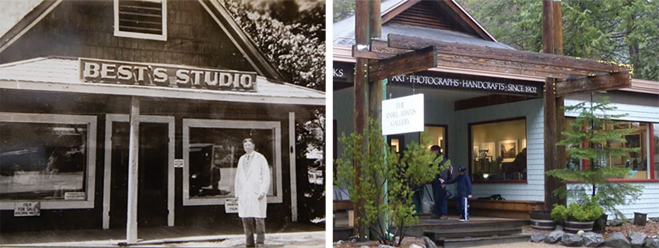 Left photo shows Harry Best standing in front of Best Studio in the Old Yosemite Village circa 1922-1925 and right photo shows present day Ansel Adams Gallery porch