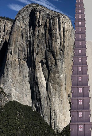 Image of El Capitan with a stack of dumpsters next to it and text showing amount of garbage