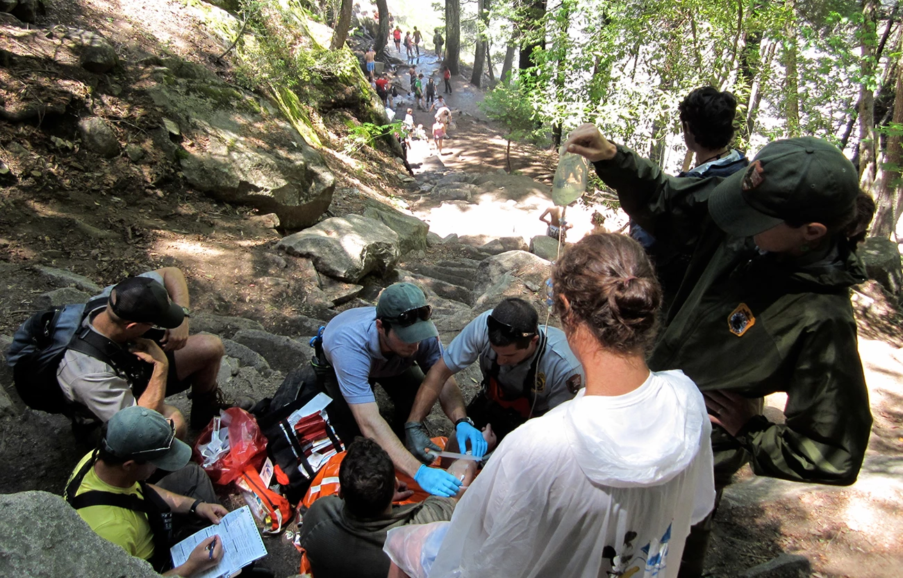 Patient care on Mist Trail steps. Patient care on Mist Trail steps.