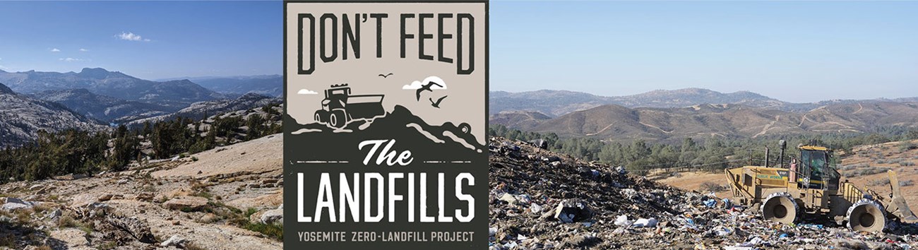Image of mountains to the left, and a garbage dump to the right with a bulldozer. In the middle is a graphic logo about the zero landfill project