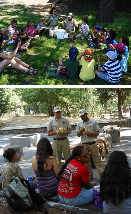 Top image: Two interns witha  group of kids in a circle; Bottom image: Two interns with a group of students.