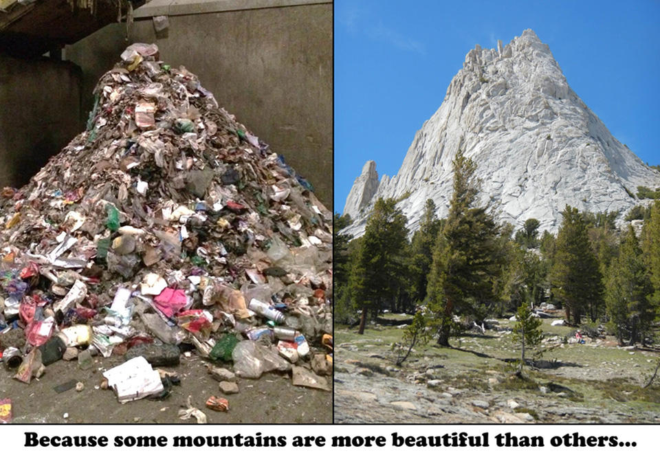 Picture of a mountain of trash and a real mountain in Yosemite's high country Picture of a mountain of trash and a real mountain in Yosemite's high country
