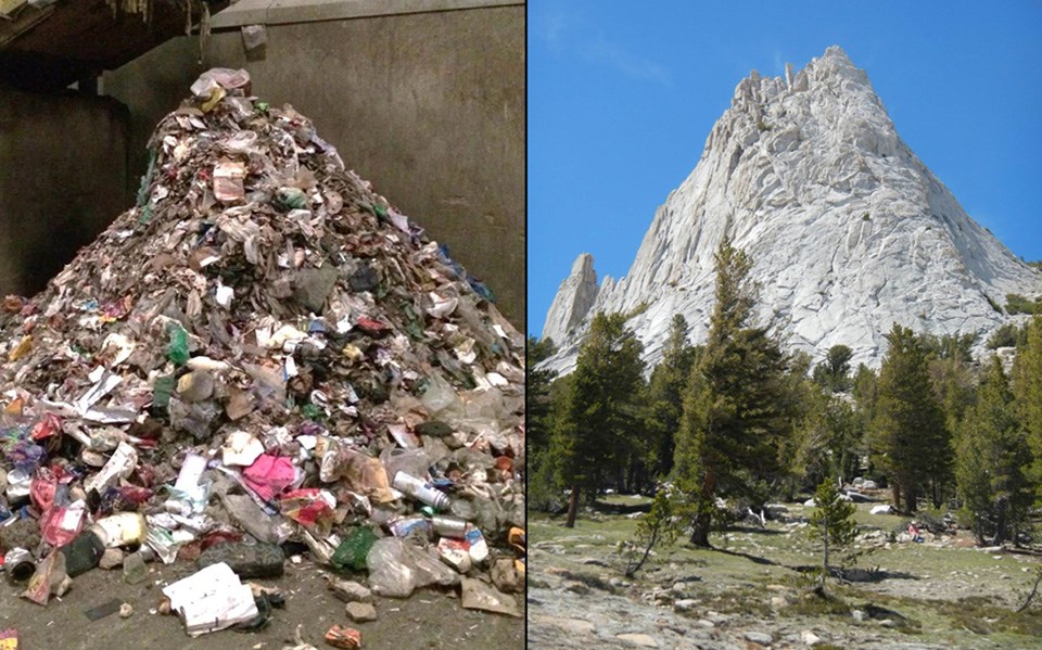 Picture of a mountain of trash and a real mountain in Yosemite's high country