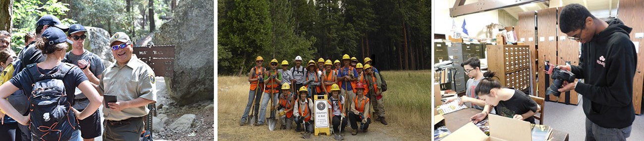 Left: Preventative Search and Rescue volunteer talking to visitor on the trail; Middle: Group of volunteers in Yosemite Valley; Right: Volunteers working in Yosemite's Research Library