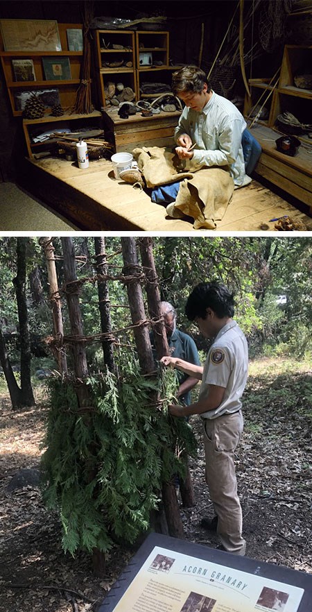 Top image: a young man sitting on a wooden platform working with an item in his hands. He is surrounded by shelves of artifacts. Bottom image: a young man and an older man build a wooden structure covered with leaves.