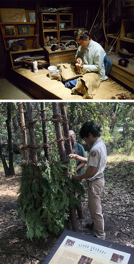 Top image: Indian cultural intern demonstrating in museum; Bottom image: Indian cultural intern working in village constructing an acorn granary.