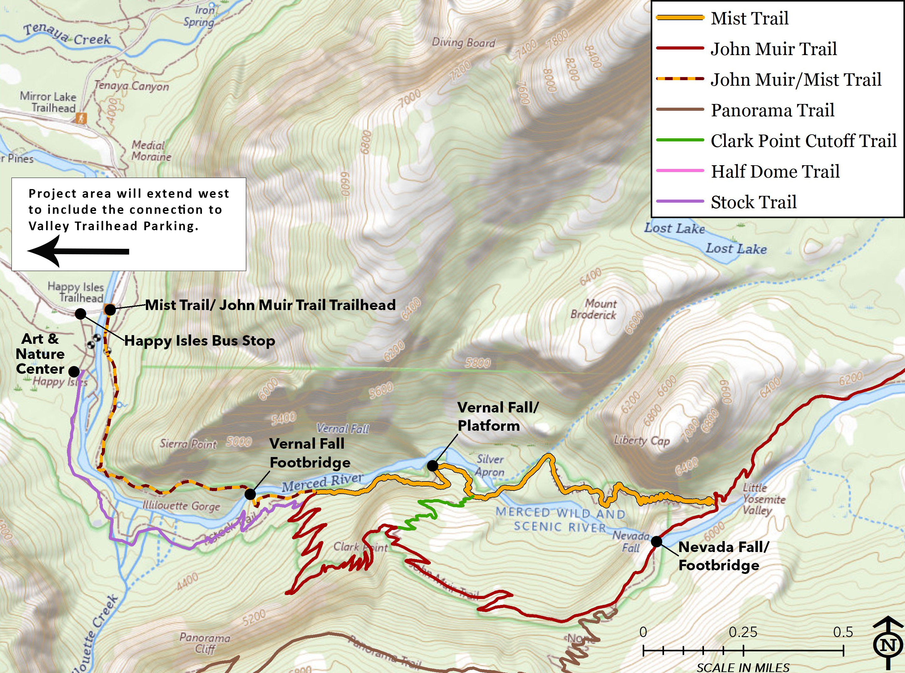 Map showing project areas along the Mist Trail corridor