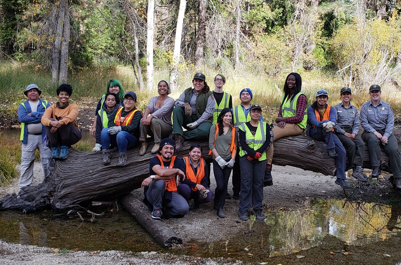 Volunteers and park staff sitting on a log in the river after a day of work
