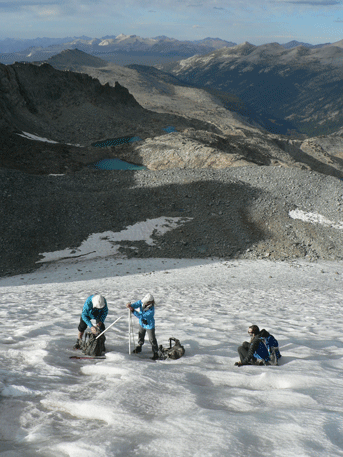 Researchers on the Lyell Glacier assessing its current condition and status