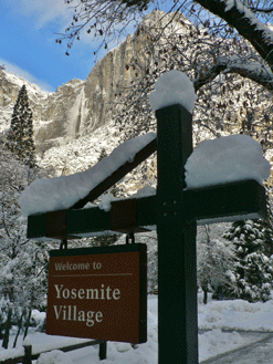 Yosemite Village in the snow.