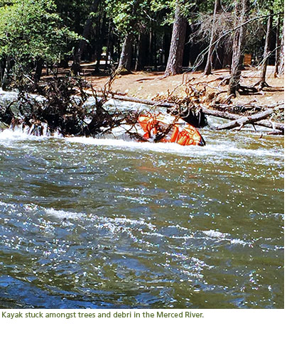 Kayak stuck in trees in the middle of a raging river.